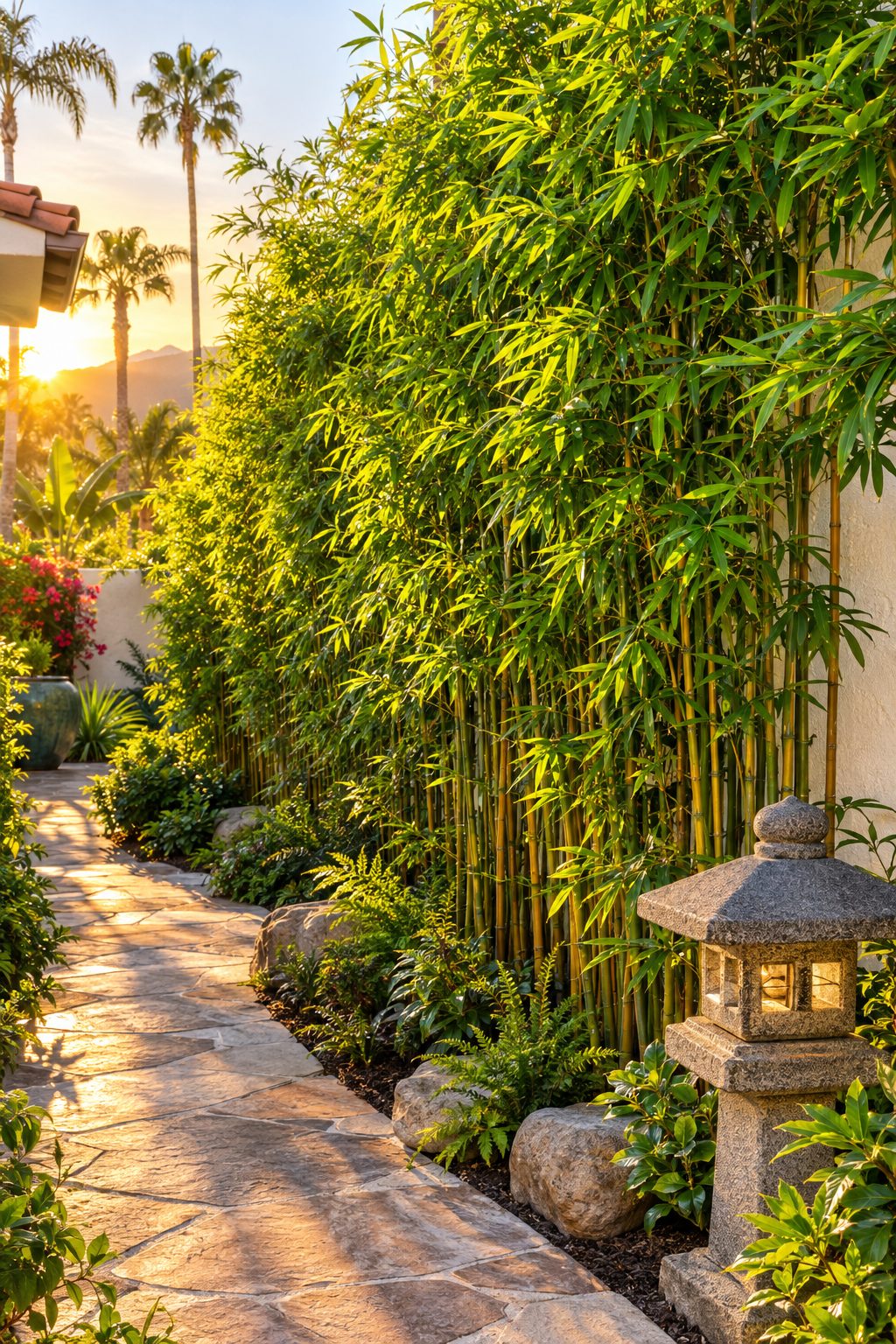 Lush, healthy bamboo privacy screen along a backyard wall